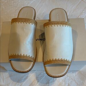 Vince Cream Leather Slide Sandals with Woven Tan Trim